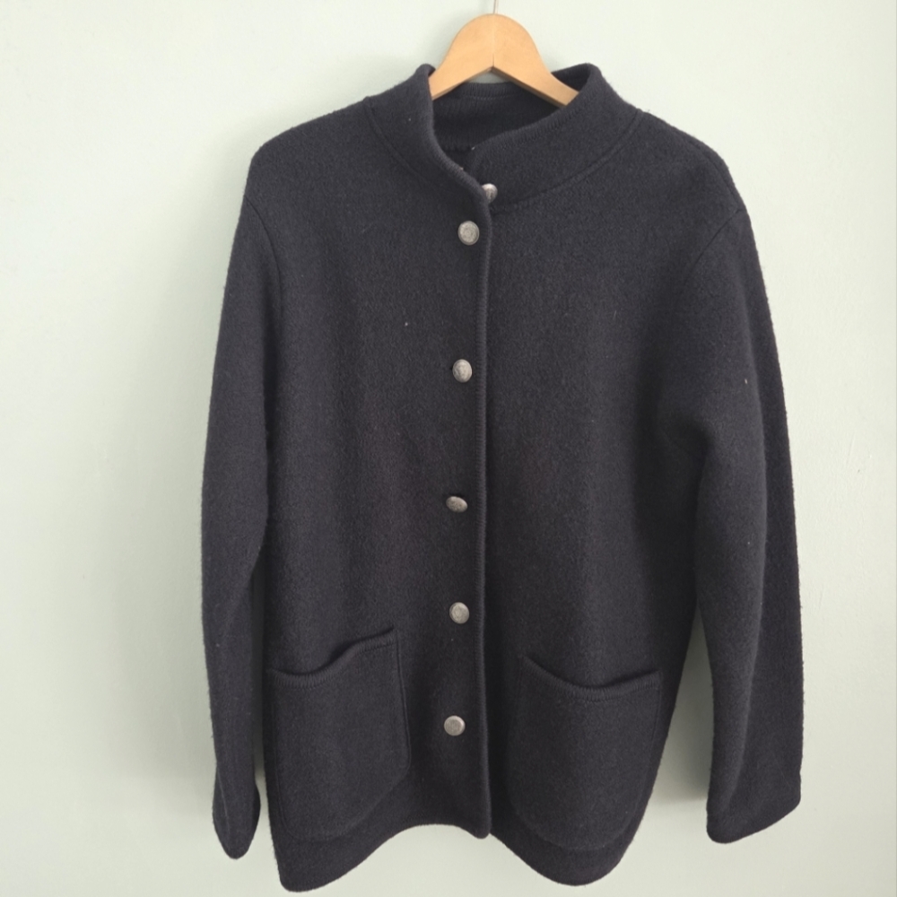 VTG L.L. Bean Navy Gray Wool Button Up  oversized Sweater Jacket Womens Large